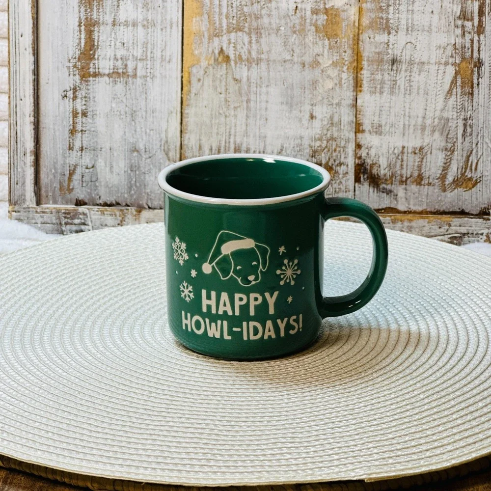 Happy Howl-idays Christmas Puppy Dog Coffee Mug Cup Holiday Santa Snowflake‎
